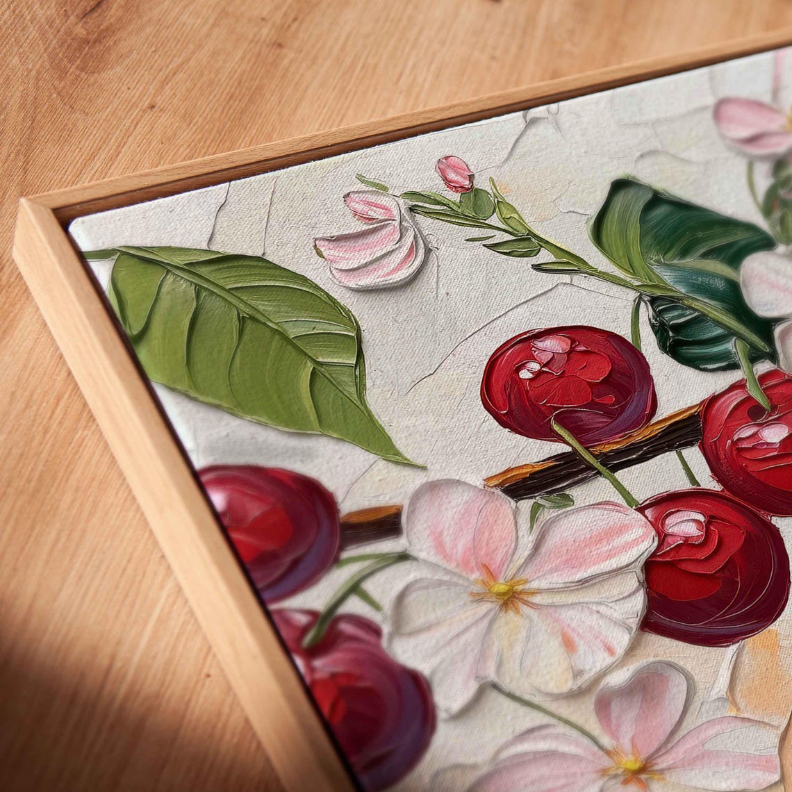 Glossy Red Cherries And Cherry Blossoms On Leafy Branch Art Poster - Image 2