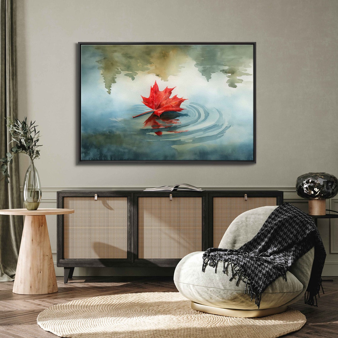 Red Maple Leaf Floating On Calm Pond With Ripples Watercolor Poster