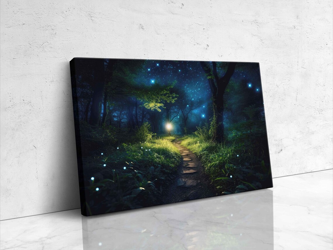 Vibrant Moonlit Photorealistic Enchanted Forest Path Illustration Print On Ready To Hang Bedroom Decor Magical Woods - Image 4