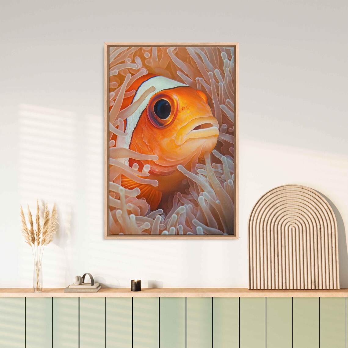 Clownfish In Anemones Wall Art Print Vibrant Acrylic Painting Closeup View
