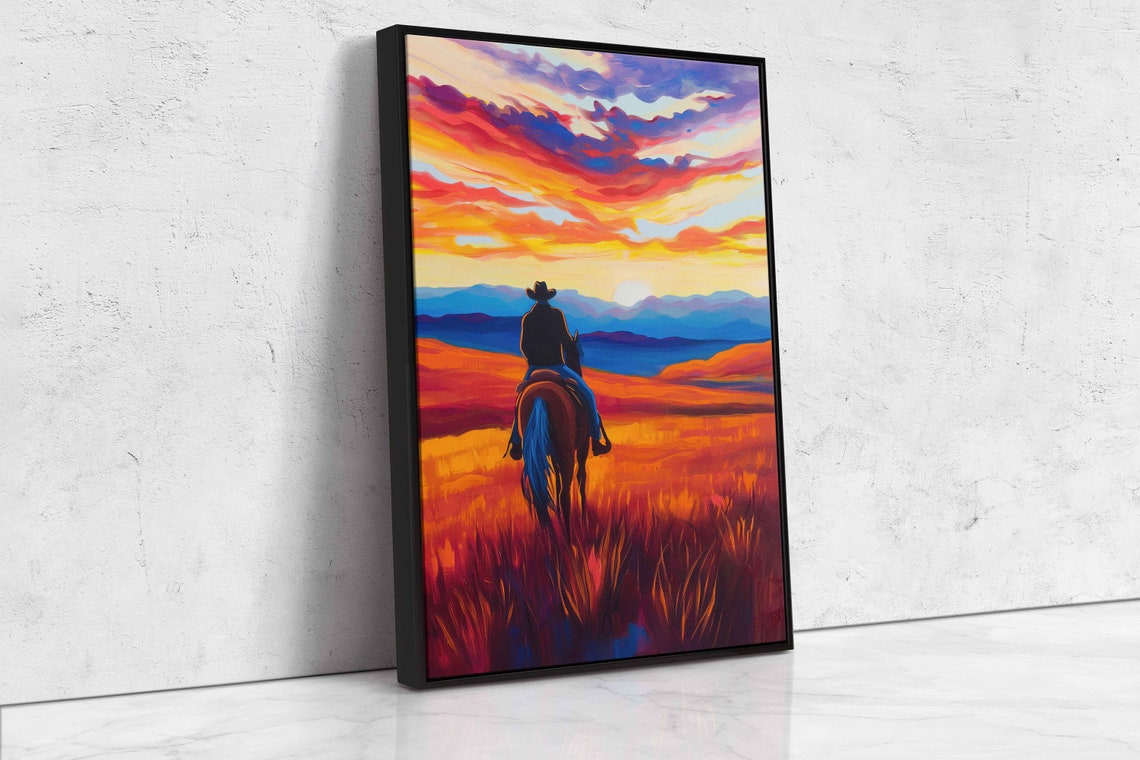 Lone Cowboy Riding In The Sunset Vibrant Color Wall Art Print Ready To Hang - Image 4