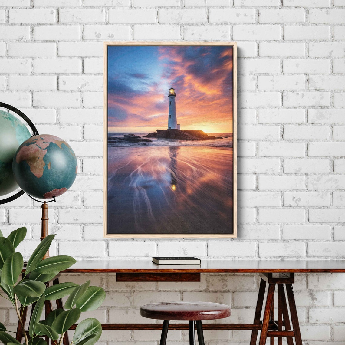 Golden Lighthouse Sunset Ocean Reflection Rocky Coast Poster - Image 3