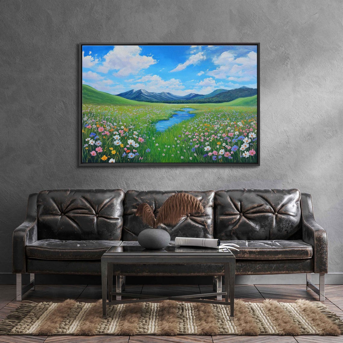 Wildflower Meadow Winding River Mountain Valley Vibrant Spring Poster
