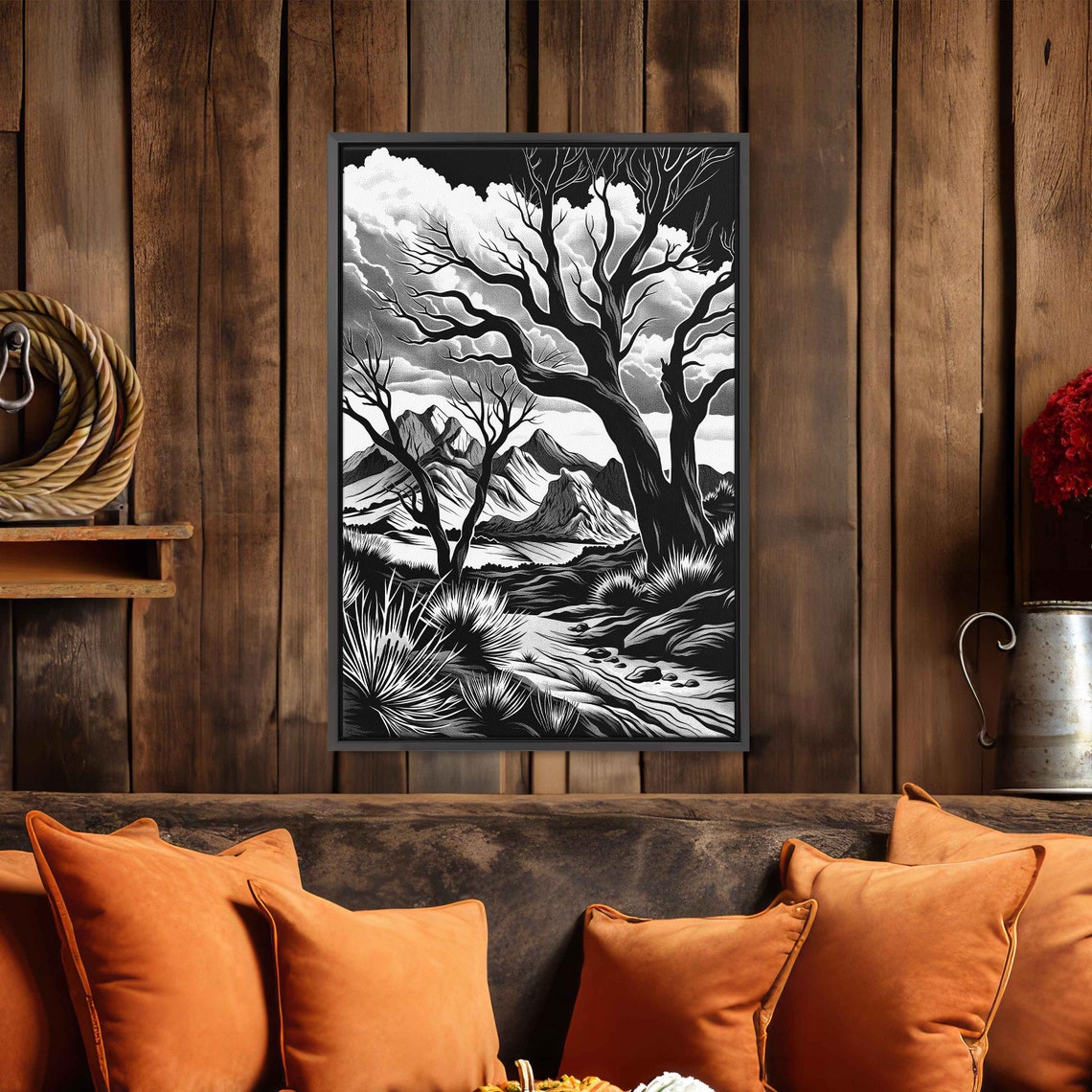 Black And White Desert Mountains Bare Trees Illustration Print - Image 4