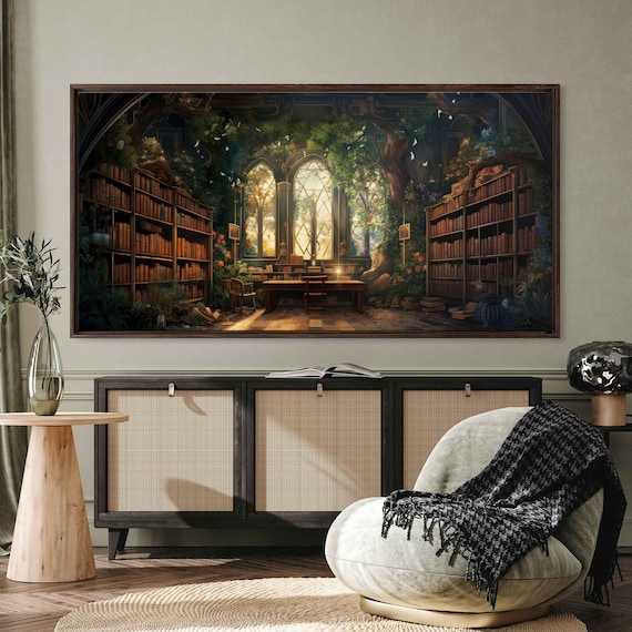 Magical Treehouse Library Interior Arched Windows Bookshelves Fantasy Print