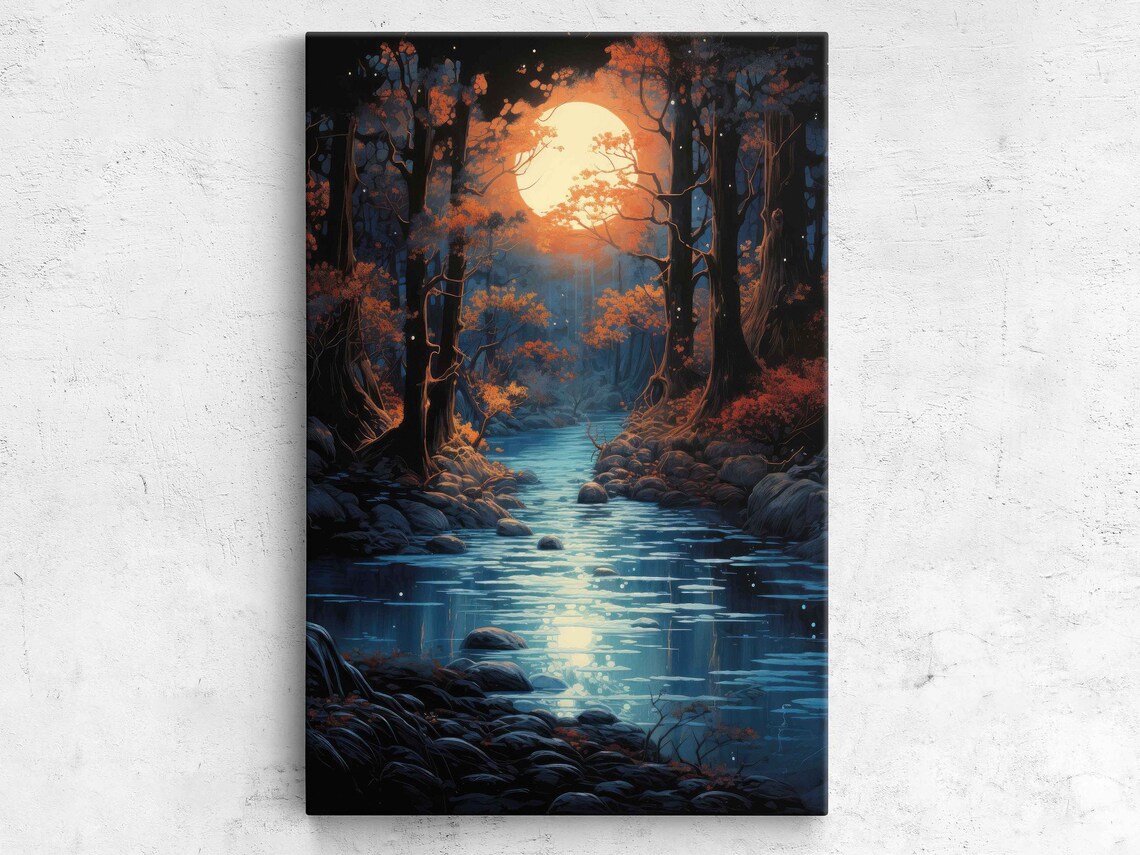 Moonlit Forest Orange Glow Halloween Art Print