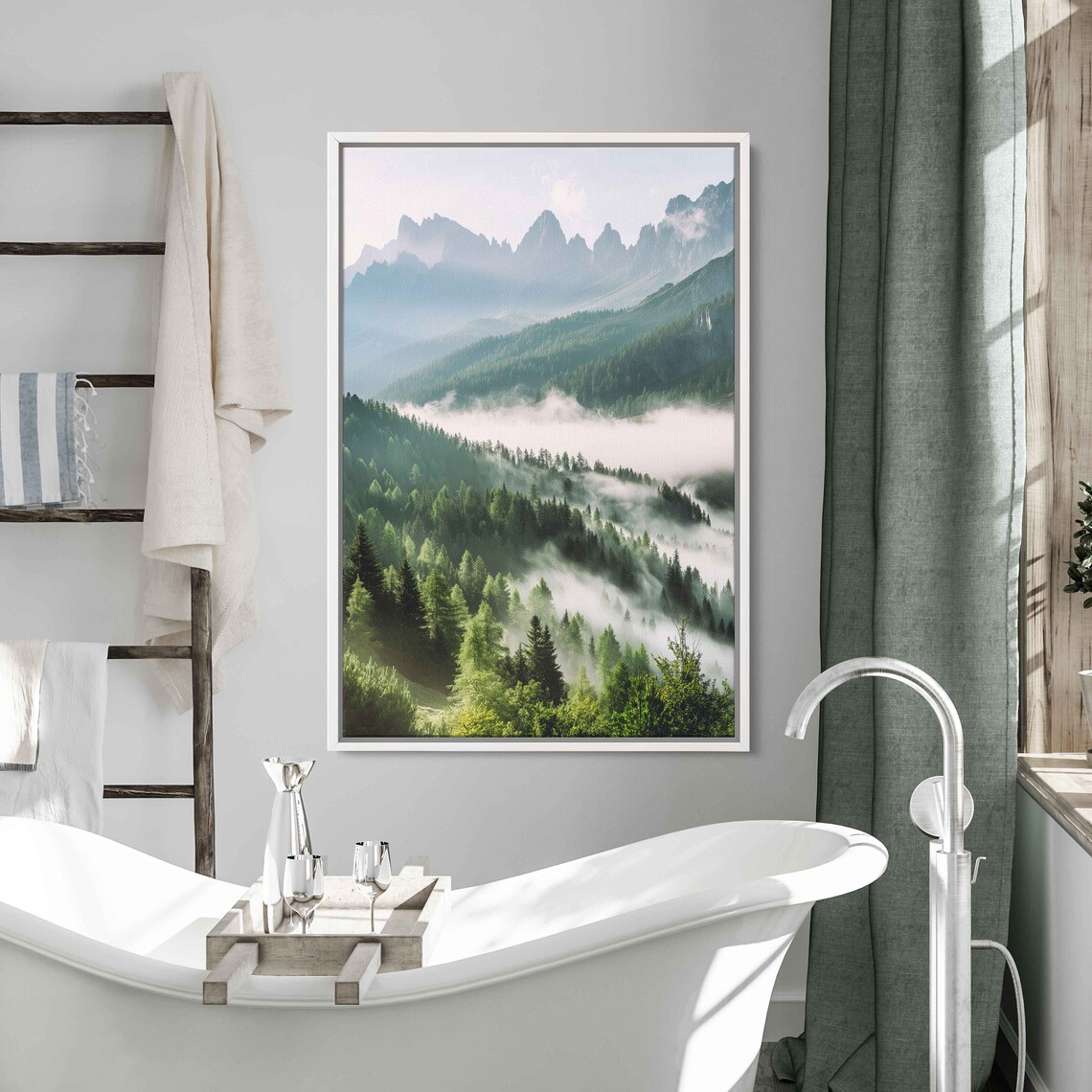 Sunlit Misty Forest Lush Greenery Mountain Ranges Cloudy Skies Wall Art Print Ready To Hang - Image 2