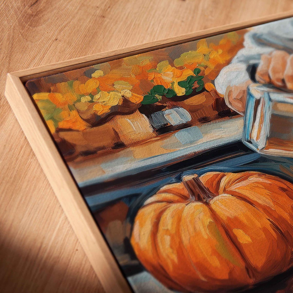 Barista Pouring Latte Art With Pumpkin On Cozy Cafe Table Print - Image 2