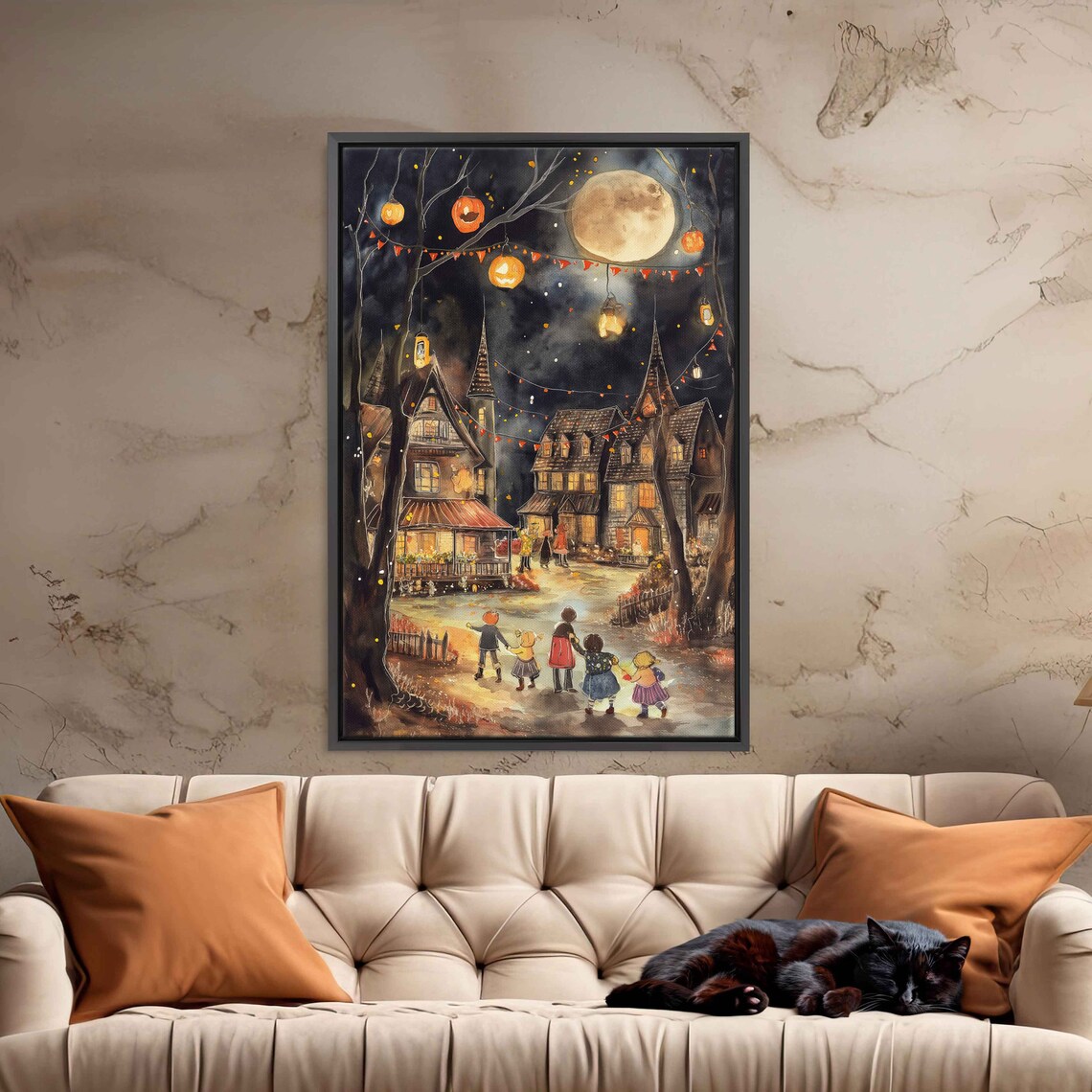 Halloween Village Square Trick Or Treating Under Full Moon Night Sky Wall Art - Image 3