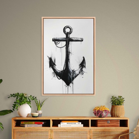 Black Ink Anchor Painting With Paint Drips On White Minimal Art Poster