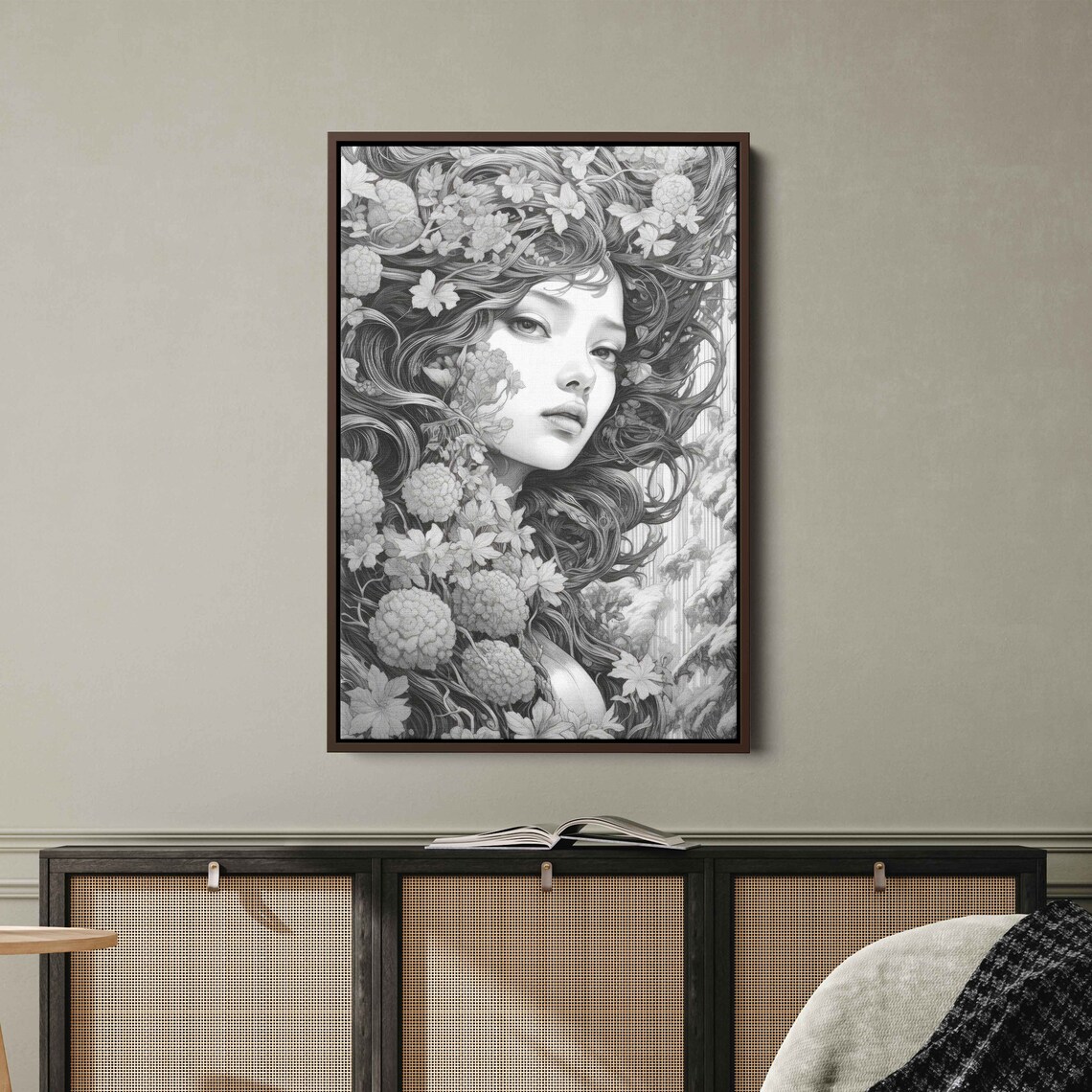 Monochrome Line Art Woman Portrait With Intricate Floral Hair Print - Image 2