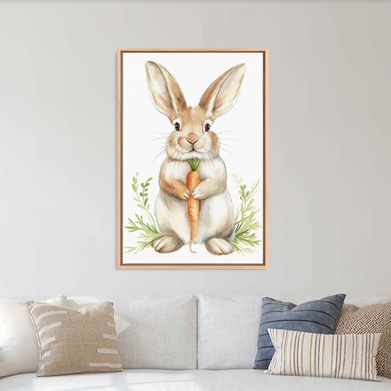 Adorable Tan Baby Bunny Holding Carrot With Green Leaves Watercolor Poster