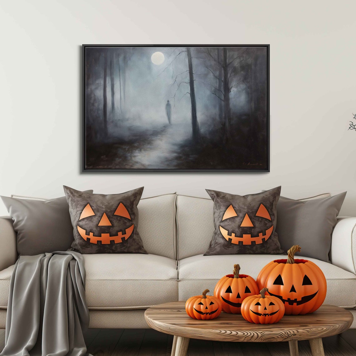 Ghostly Figure On Foggy Forest Path Moonlit Night Spooky Poster - Image 3