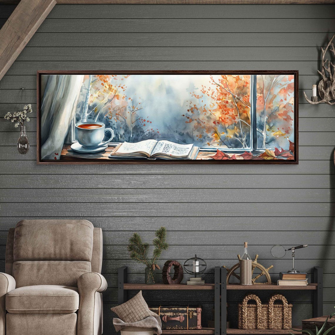 Cozy Autumn Book And Tea Cup On Windowsill Watercolor Fall View Poster - Image 3