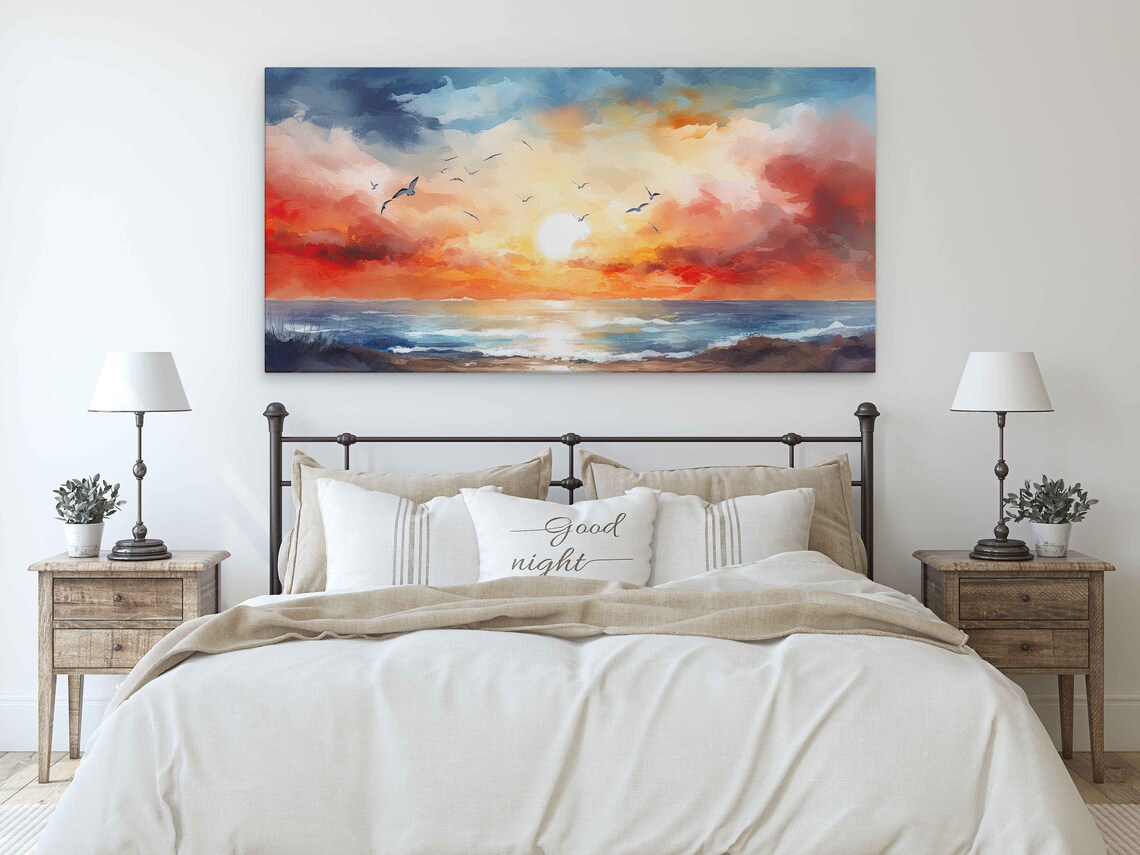 Beach Sunset Oil Painting Seagulls Flying Ocean Horizon Warm Sky Travel Poster - Image 2