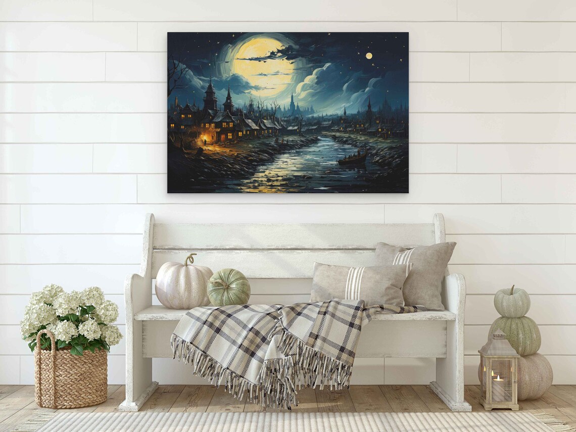 Spooky Moonlit Old Town Village Night Van Gogh Inspired Painting Art Poster - Image 2