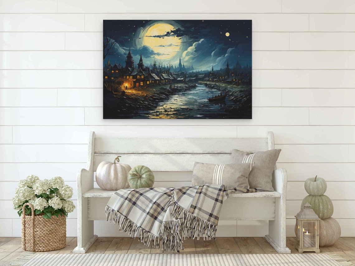 Spooky Moonlit Village Van Gogh Inspired Painting Framed Print Ready To Hang - Image 2