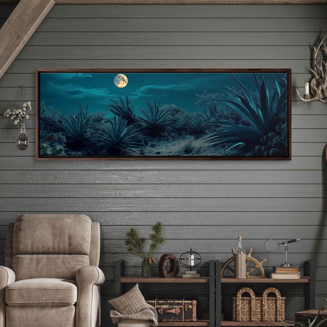 Panoramic Moonlit Agave Desert Under A Teal Full Moon Poster