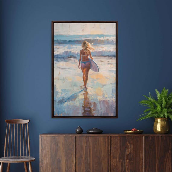 Surfer Walking Out To Surf Ocean Waves Wall Art Print Gift For Surfer Blue Water Ready To Hang