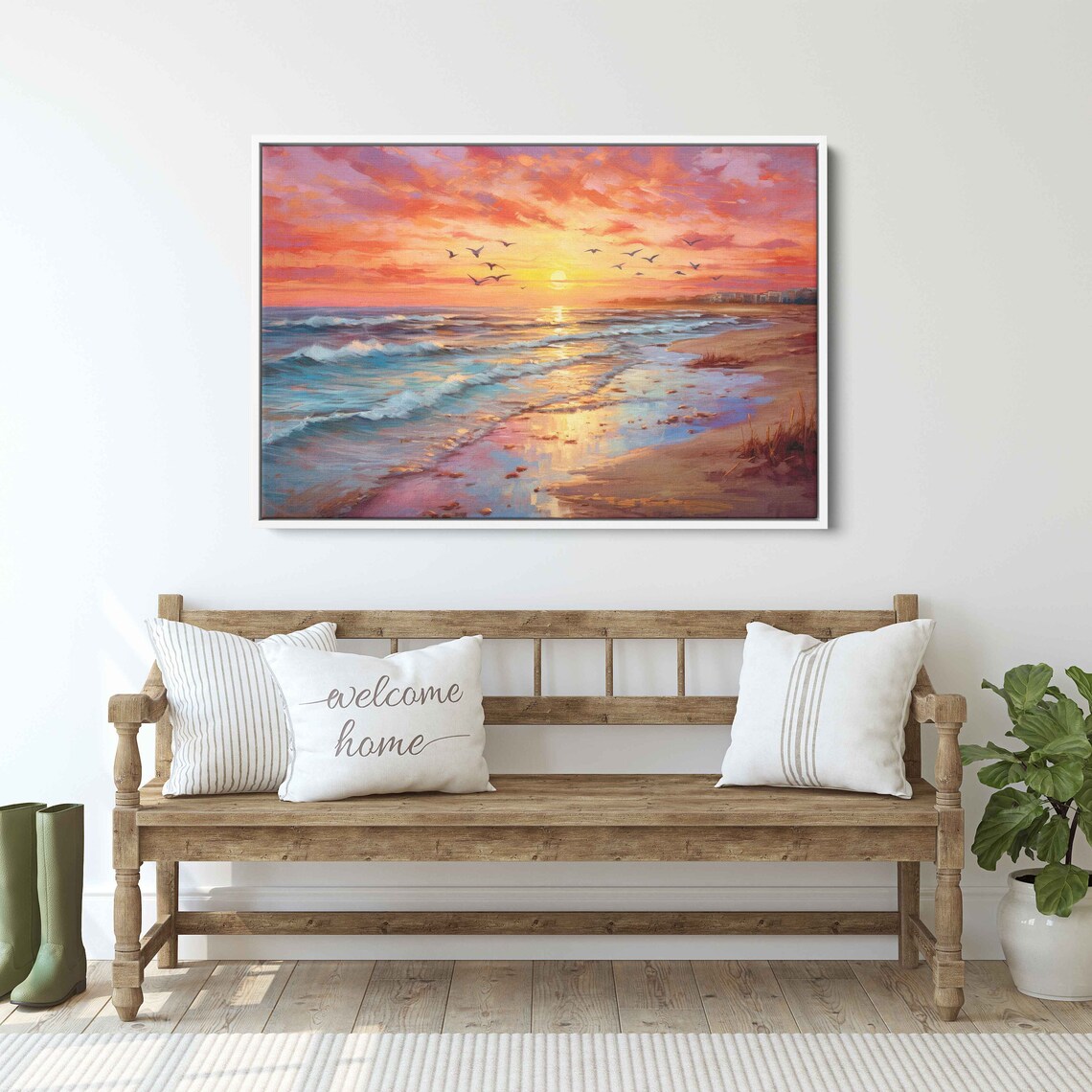 Beach Sunset Seagulls Turquoise Waves Golden Shore Painting Wall Art Poster - Image 3