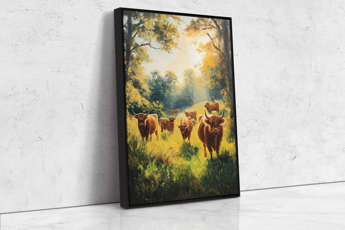 Highland Cattle Herd Sunlit Meadow Rustic Farm Painting Poster - Image 4