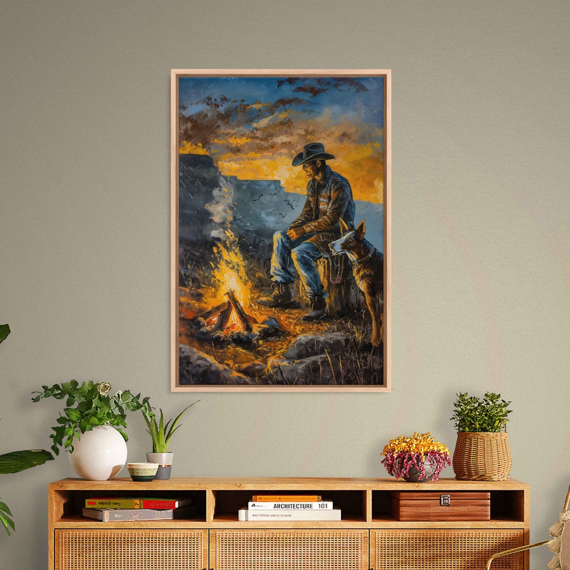Cowboy Sitting By Campfire With Loyal Dog At Dusk Western Poster