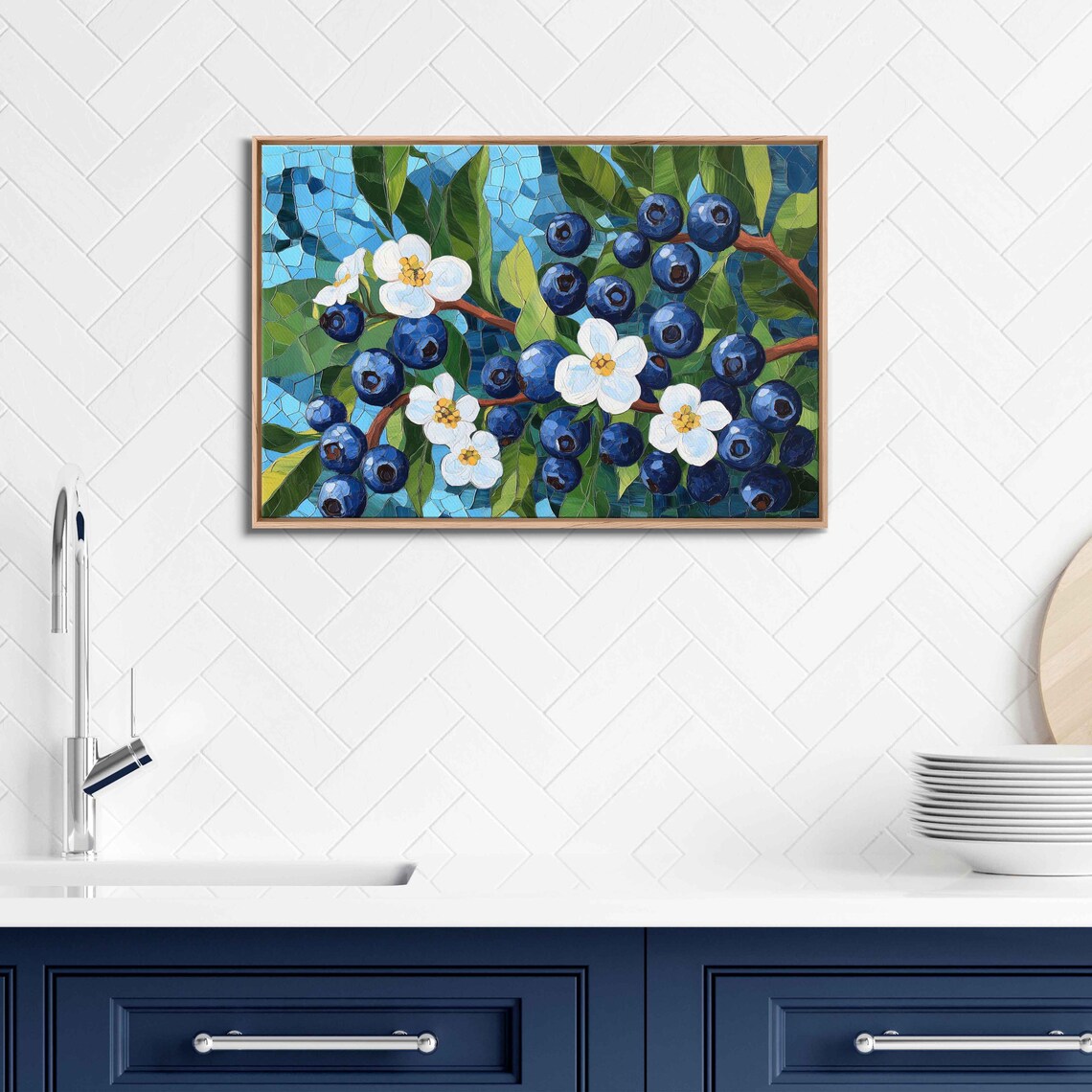 Blueberry Blossoms Mosaic Stained Glass Style Teal Kitchen Art Poster - Image 3