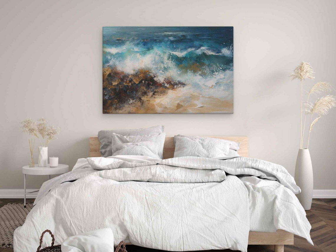 Abstract Ocean Waves Crashing On Golden Rocks Beach Painting Print - Image 3