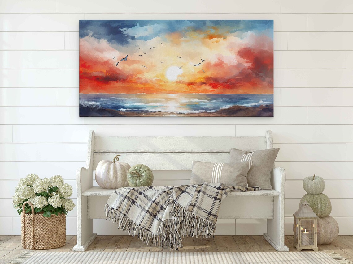 Beach Sunset Oil Painting Seagulls Flying Ocean Horizon Warm Sky Travel Poster - Image 4