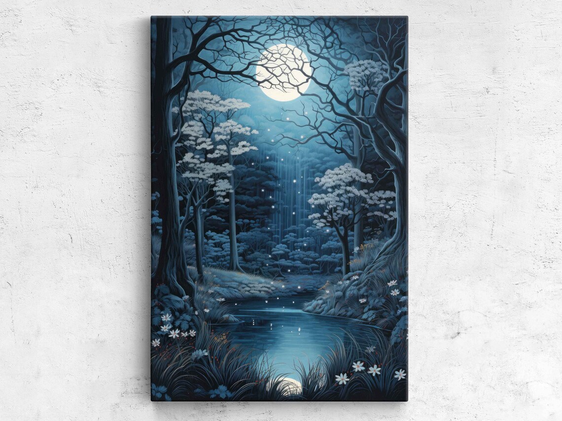 Enchanted Moonlit Forest Painting, Wall Art Print