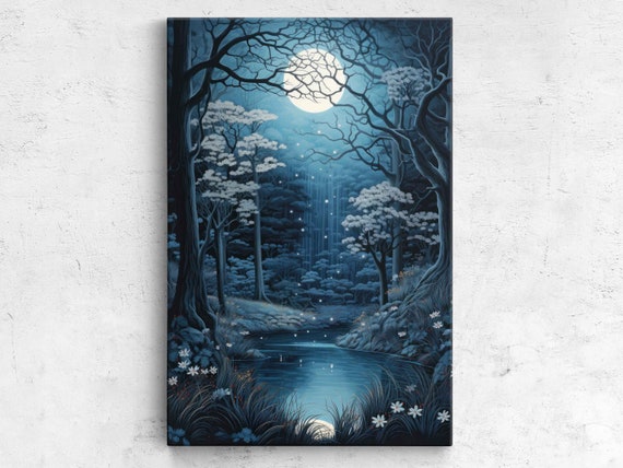 Enchanted Moonlit Forest Painting, Wall Art Print