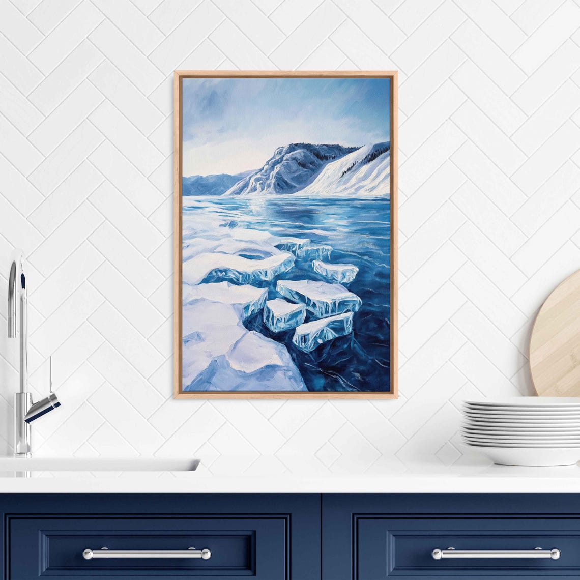 Frozen Lake Winter Blue Ice Patterns Snowy Mountains Landscape Poster - Image 3