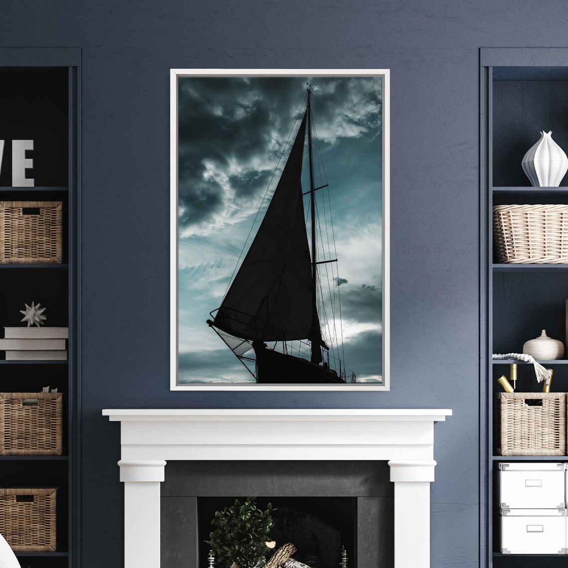 Sailboat Silhouette Dark Sail Moody Teal Storm Sky Nautical Poster - Image 3