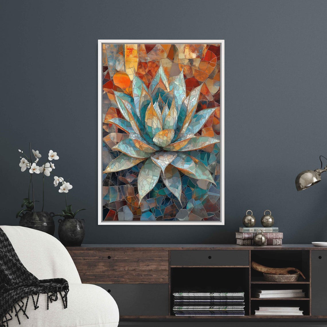 Mosaic Stained Glass Style Blue Agave Geometric Plant Art Poster - Image 3