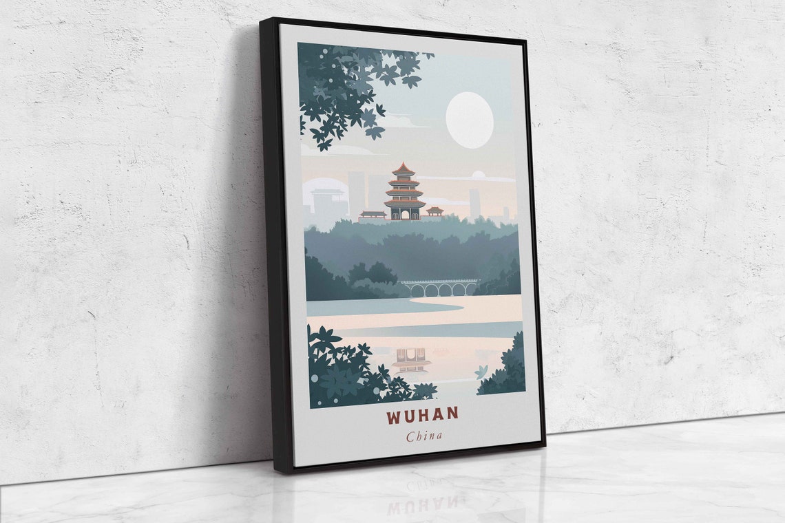 Wuhan China Hilltop Pagoda Moonlit Lake Bridge Minimal Art Poster - Image 2