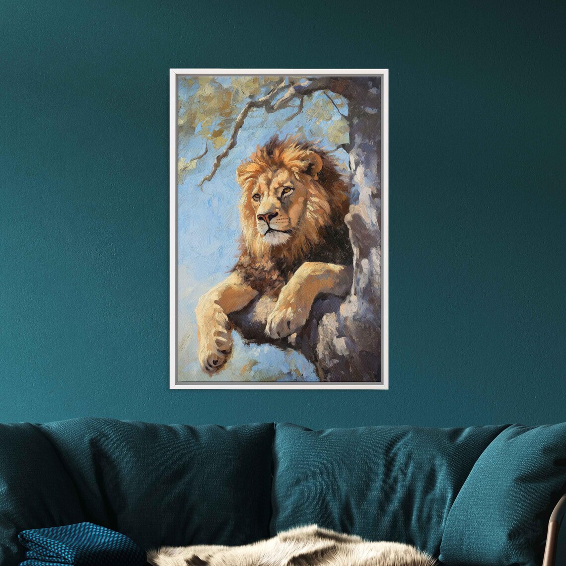 Lion Lounging On Tree Branch Pastel Blue Whimsical Wildlife Art Poster - Image 3