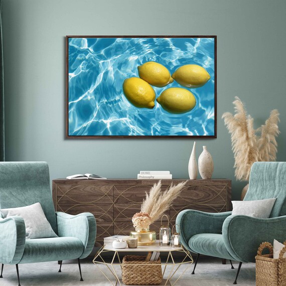 Lemons Floating In Swimming Pool Wall Art Print Simple Painting Kitchen Decor Fruit Painting Ready To Hang