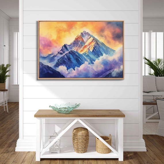 Mount Everest Watercolor Wall Art Print Stunning Sunrise Ethereal Clouds Rugged Terrain