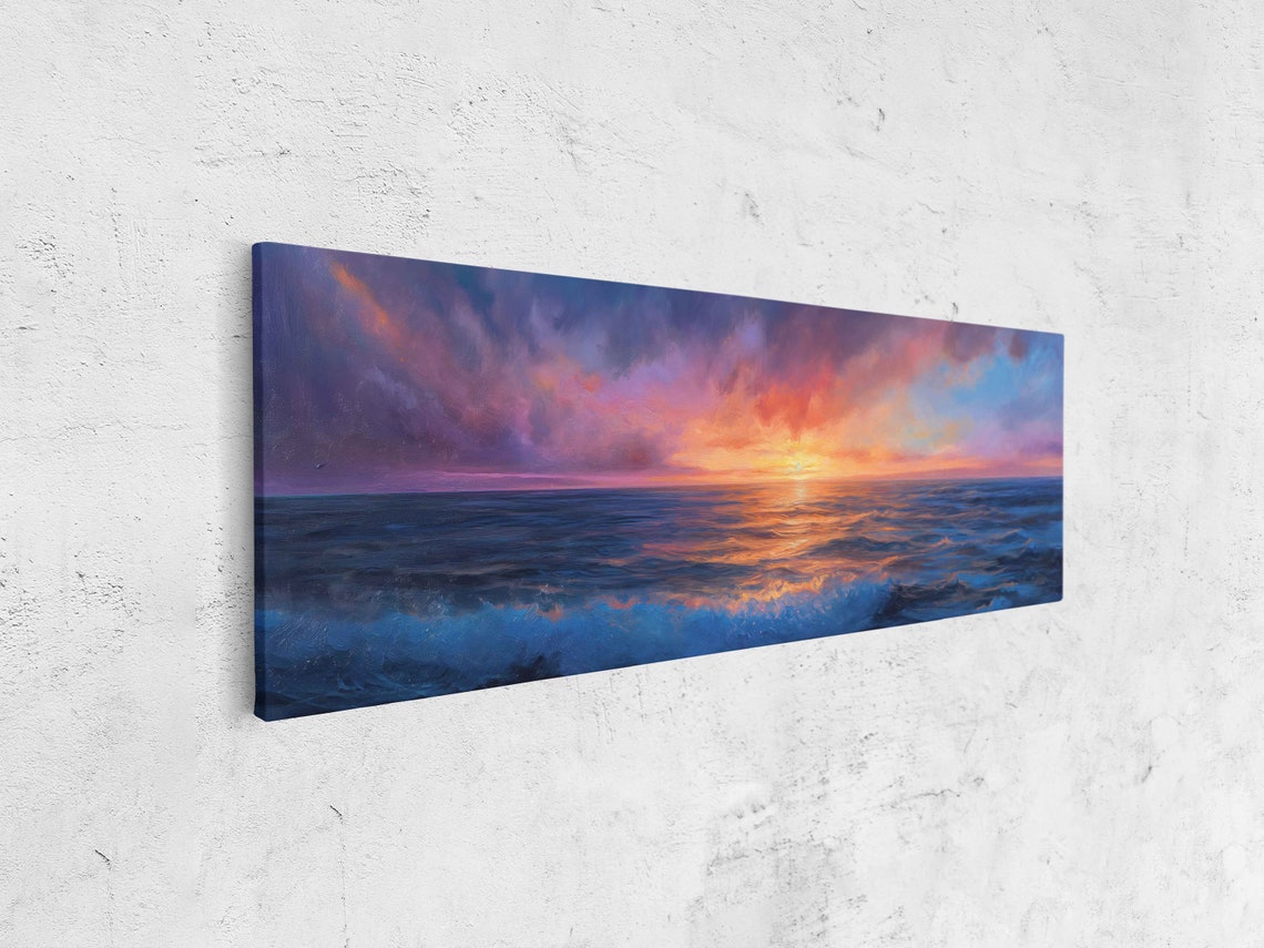 Ocean Sunset Panoramic Purple Pink Sky Waves Seascape Art Poster - Image 4