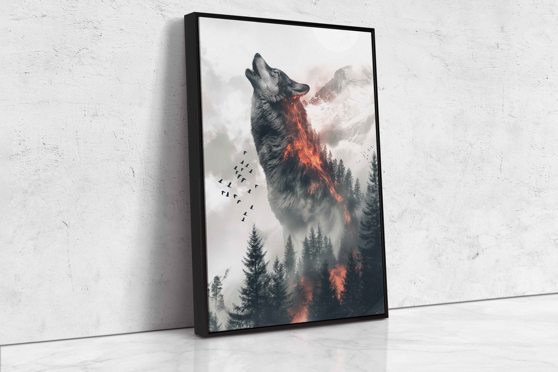 Howling Wolf Double Exposure Forest Fire Ember Mountain Poster - Image 4