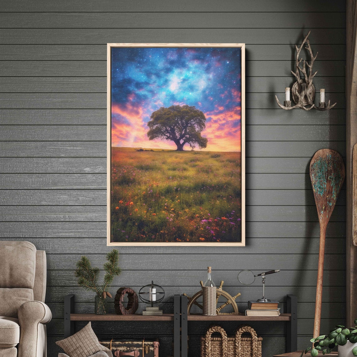 Lone Tree Wildflower Meadow Starry Galaxy Night Sky Nature Art Poster - Image 3