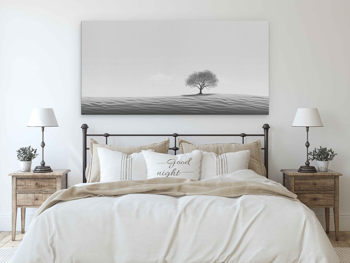 Western Grayscale Desert Line Art With Tree Framed Print Ready To Hang Monochrome Minimalist Mid Century Art - Image 3