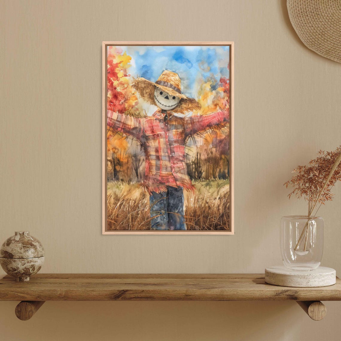 Smiling Watercolor Scarecrow In Autumn Field Straw Hat Farm Poster - Image 3