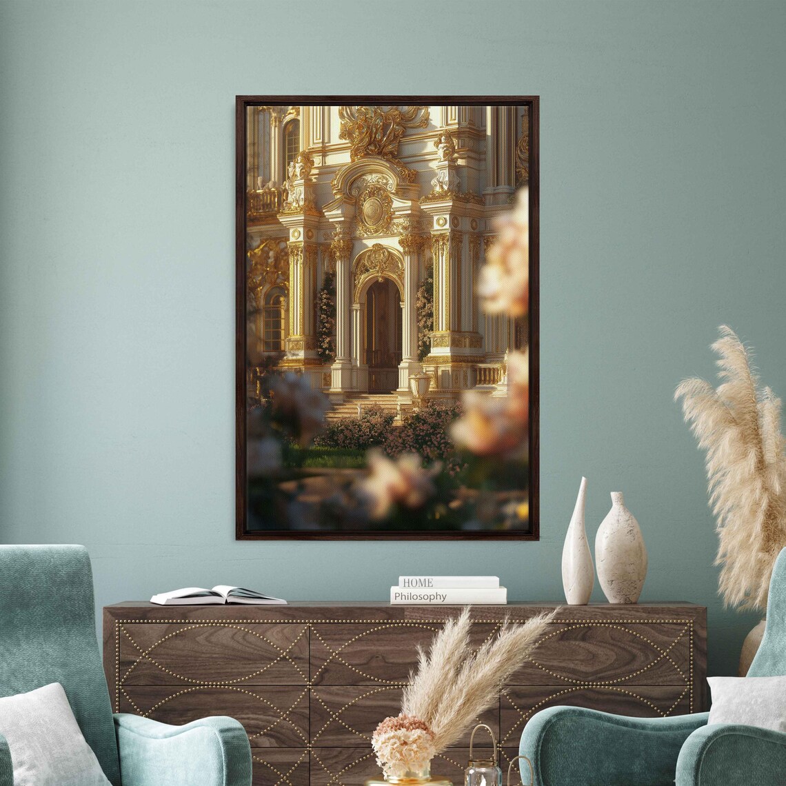Baroque Palace Facade Golden Ornaments Blooming Gardens Travel Poster