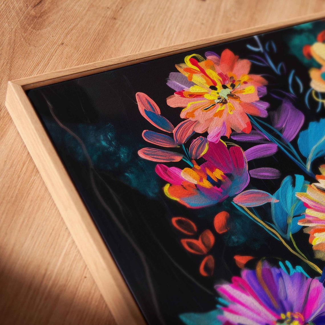 Neon Wildflowers Midnight Garden Rainbow Daisies Painting Poster - Image 2