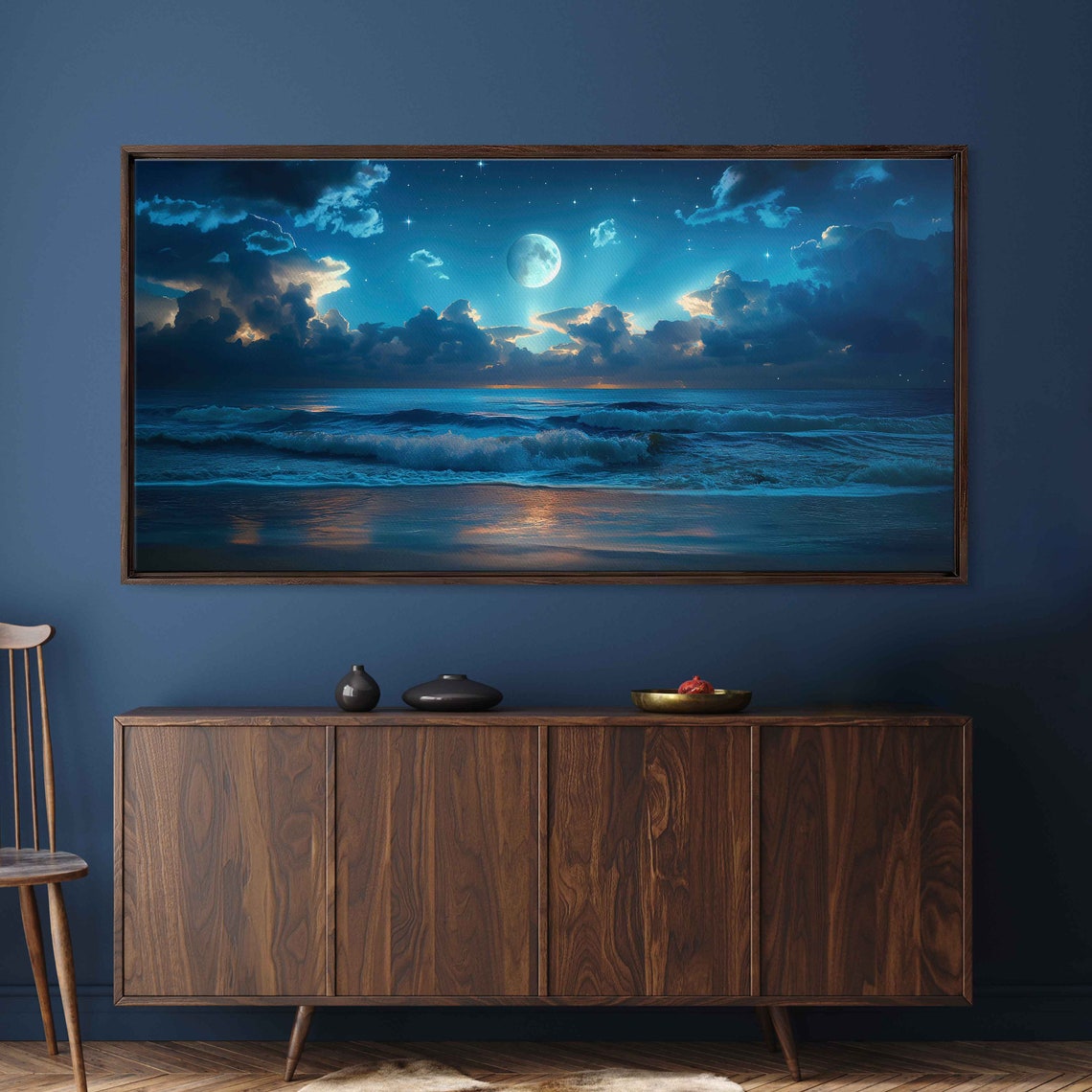 Full Moon Over Midnight Blue Ocean Dramatic Cloud Sky Poster