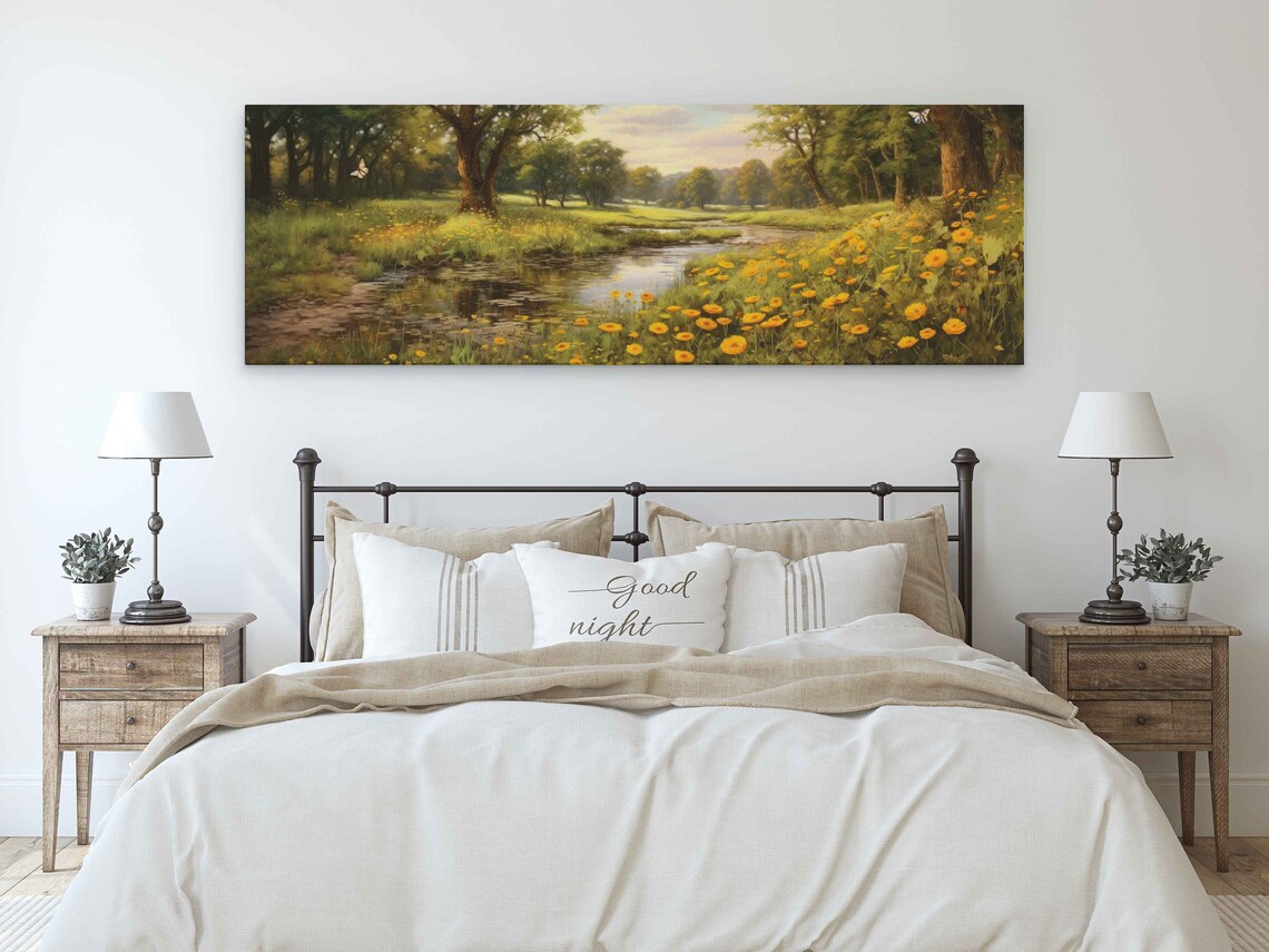 Panoramic Yellow Daises In A Quiet Forest Modern Oil Painting Framed Print Ready To Hang River Stream - Image 3