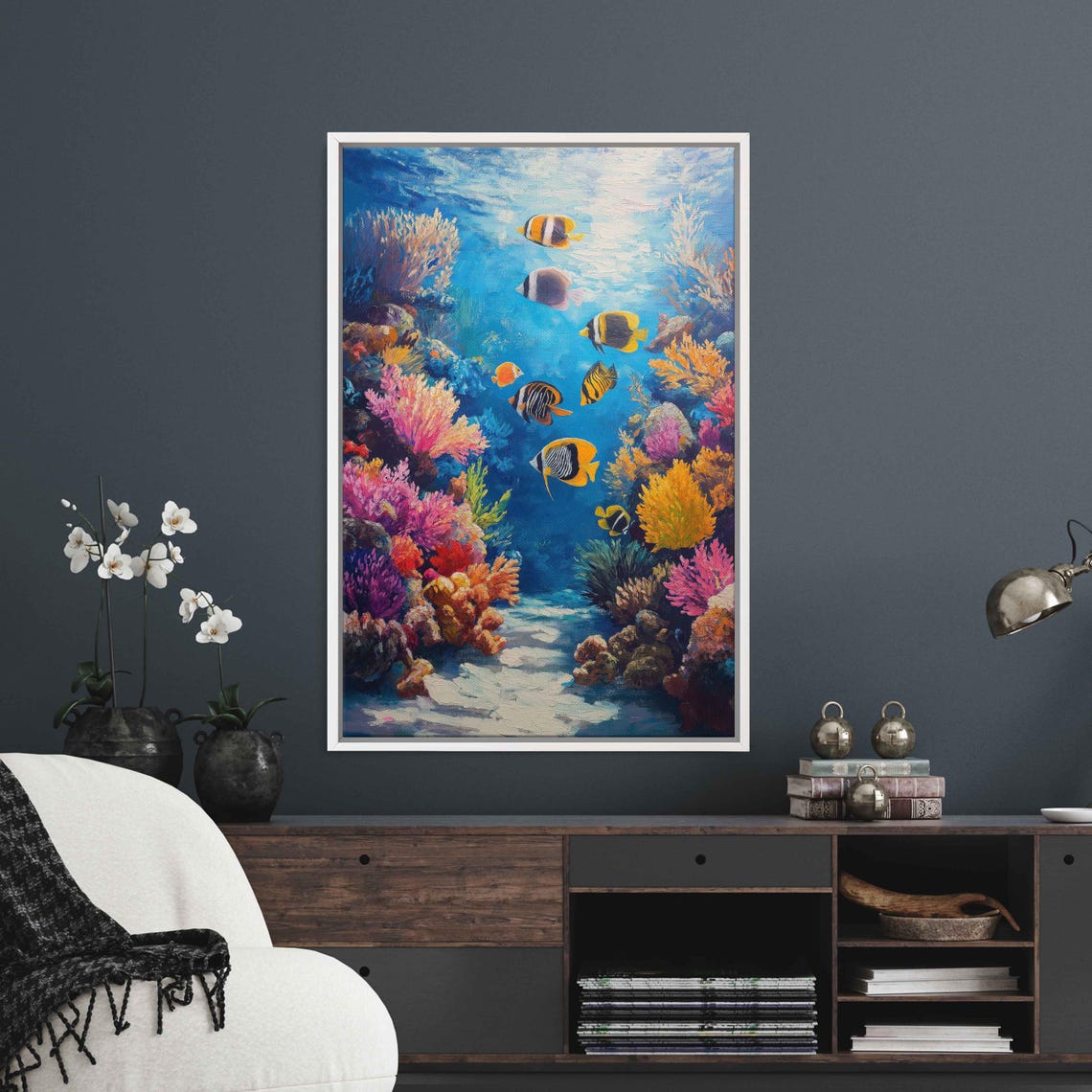 Colorful Coral Reef With Butterflyfish Sunlight Rays Art Poster