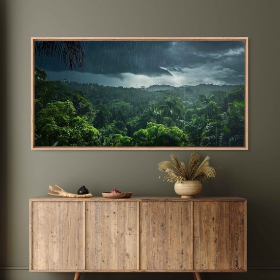 Heavy Rainfall Over Rainforest Wall Art Print Lush Jungle Landscape Monsoon Season Tropical Climate Dark Skies Ready To Hang