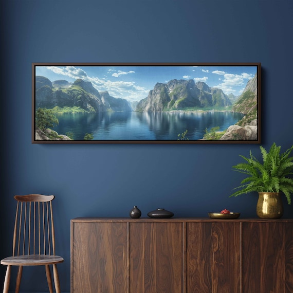 Norwegian Fjords Panoramic Wall Art Print Deep Mountain Valleys Gift For Traveler Nature Painting Lake Art Ready To Hang